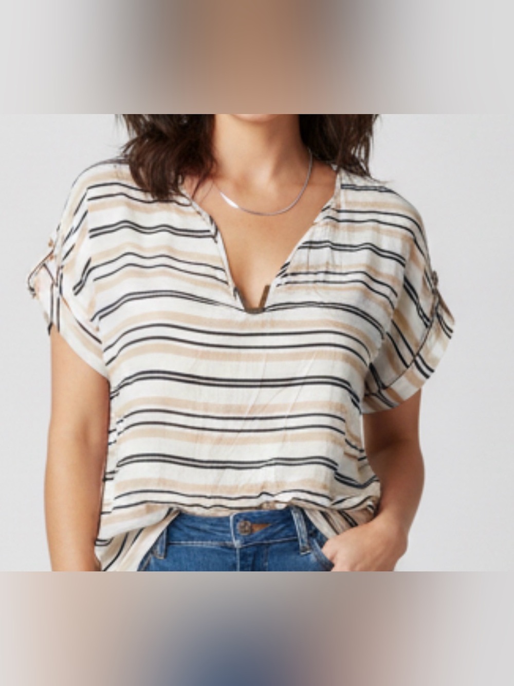 Cortefiel Woman Neutral Striped V-Neck Blouse Size S Made in Spain
